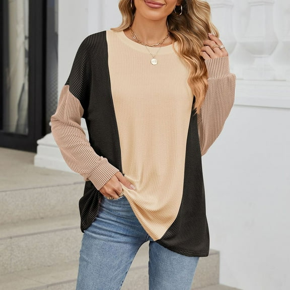 Kaemgyyd Long Sleeve Shirts for Women Loose Casual Crew Neck Color Block Pullover Basic Texture Tunic Tops for Women