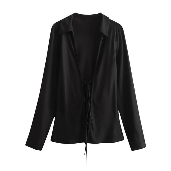 Kaemgyyd Long Sleeve Shirts for Women Satin Silk Casual Deep V Neck Tie Front Tops Solid Trendy Loose Going out Blouses