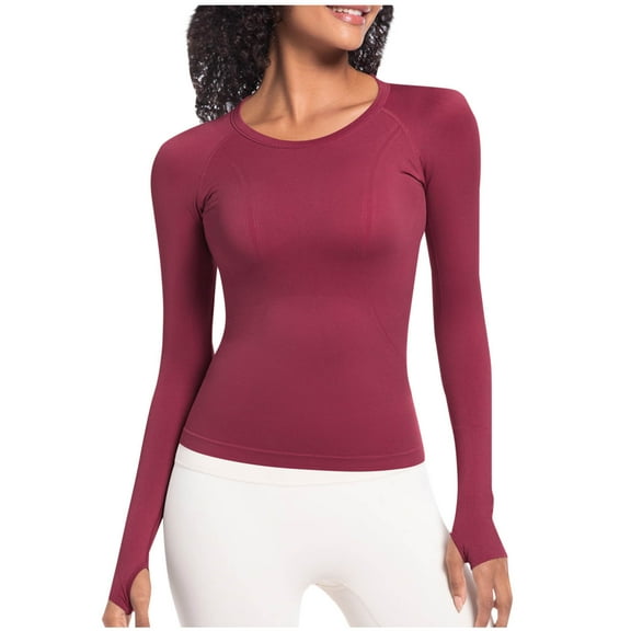 Kaemgyyd Long Sleeve Shirts for Women Seamless Crew Neck Workout Tops Breathable Quick Dry Stretch Running Yoga Tee