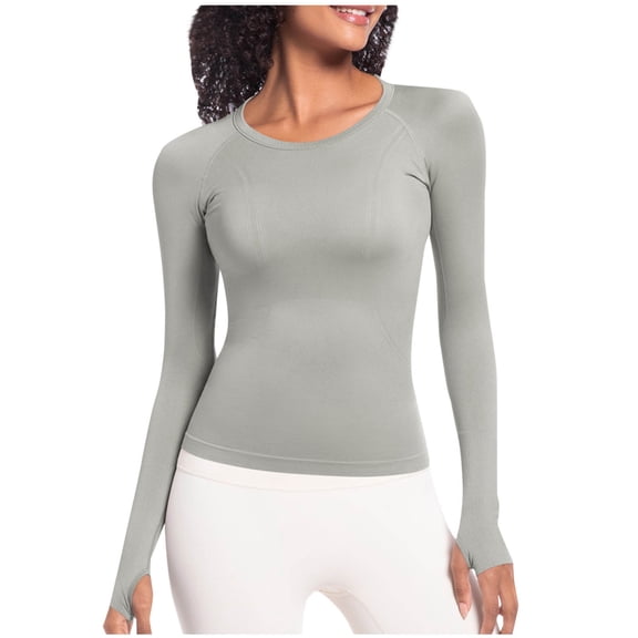 Kaemgyyd Long Sleeve Shirts for Women Seamless Crew Neck Workout Tops Breathable Quick Dry Stretch Running Yoga Tee