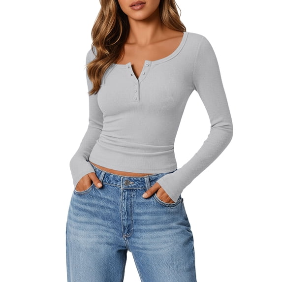 Kaemgyyd Long Sleeve Thermal Shirt for Women Stretch Slim Fit Tops Button Crew Neck Ruched Basic T-Shirts Fall Going out Tee