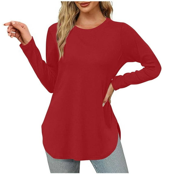 Kaemgyyd Long Sleeve Tops for Women Casual Loose Solid Color Crew Neck Shirts Basic Tee Fall Trendy Tunic Outfits