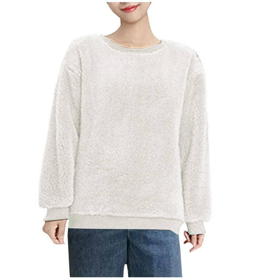 Kaemgyyd Long Sleeve Tops for Women Fleece Fuzzy Winter Warm Sweatshirts Soft Solid Crewneck Pullover Loungewear