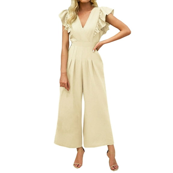 Kaemgyyd Loose Jumpsuits for Women V Neck Ruflled Sleeve Palazzo Pants Romper Office Casual One-Piece Outfit