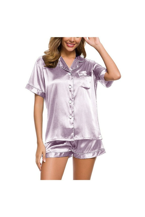 Silk Satin Pajama Set for Women 2 Piece Lounge Outfit Pjs Shorts Matching Summer Sleepwear Button down Shirt Shorts Set