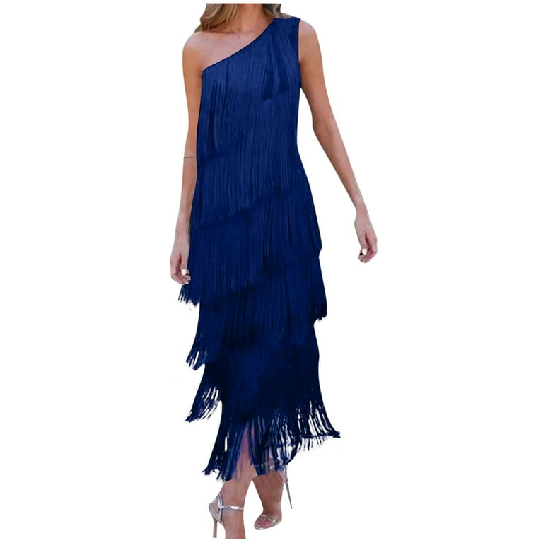 Kaemgyyd Maxi Dress for Women All-Over Fringe Sleeveless One-Shoulder Dress  Elegant Layered Solid Party Cocktail Dresses - Walmart.com