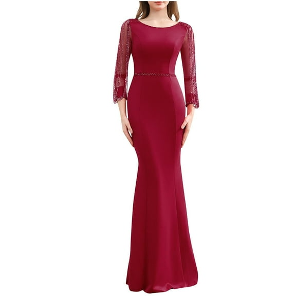 Kaemgyyd Maxi Dress for Women Bodycon Long Sleeve Crew Neck Dress Sequin Tight Slim Dresses Evening Party for Cocktail