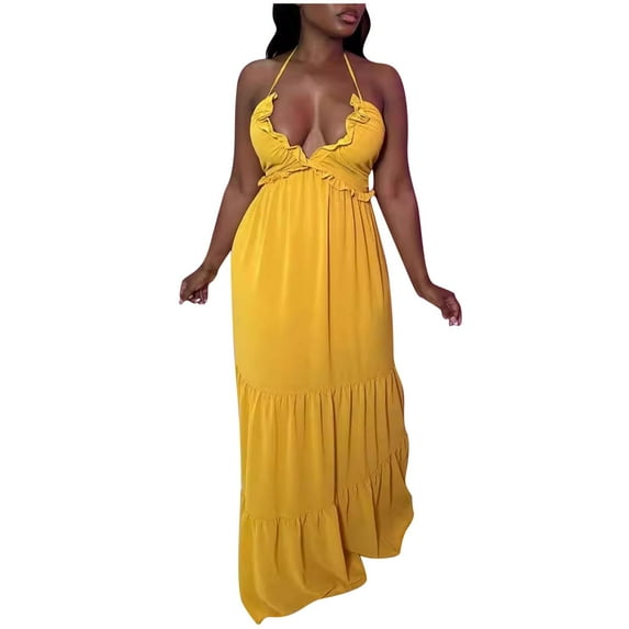 Kaemgyyd Maxi Dress for Women Halter V Neck Backless Beach Dress Casual Loose Tiered Ruffle Hem Dress for Vaction