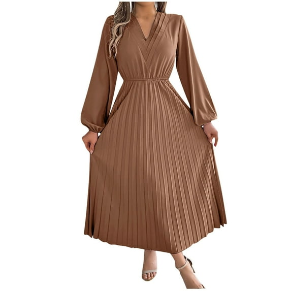 Kaemgyyd Maxi Dresses for Women Pleated V Neck Long Lantern Sleeves Dress Elastic Waist Elegant Flowy Long Dress