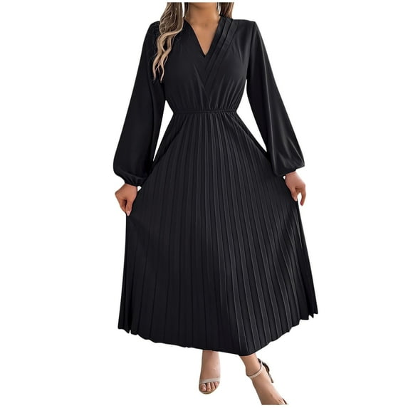 Kaemgyyd Maxi Dresses for Women Pleated V Neck Long Lantern Sleeves Dress Elastic Waist Elegant Flowy Long Dress