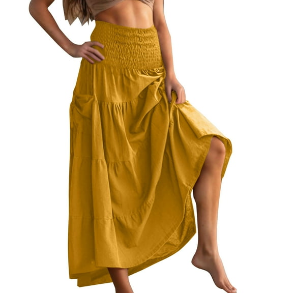 Kaemgyyd Maxi Skirts for Women Boho Smocked High Waist Flowy Long Skirts A-Line Tiered Pleated Beach Vacation Outfits