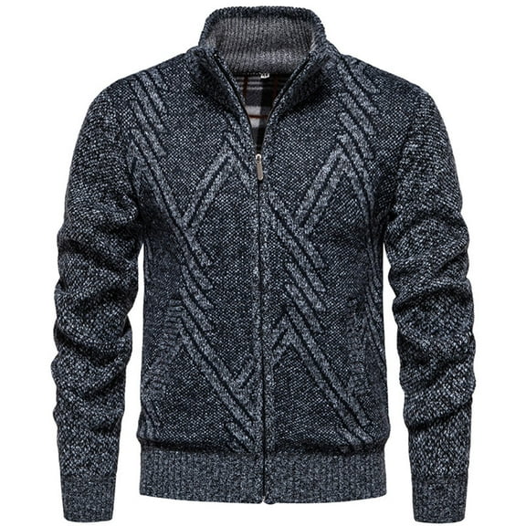Kaemgyyd Men's Cardigan Sweaters Lightweight Fashion Stand Collar Thick Coat Winter Fleece Lined Print Knitted Full Zip Outwear