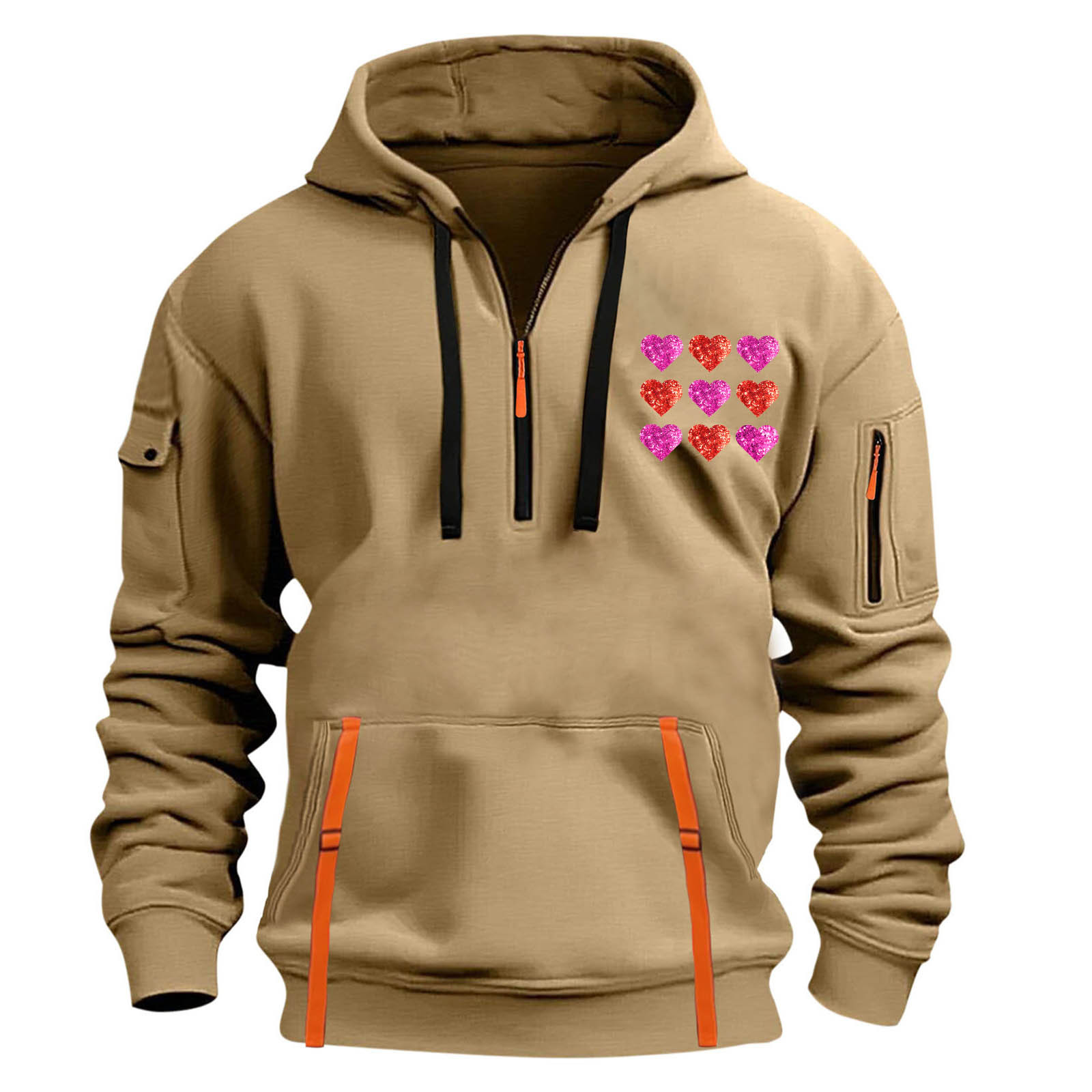 Men's Cargo Hoodies Casual Gym Athletic Loose Quarter Zip Sweatshirts Valentine's Day Print Pullover
