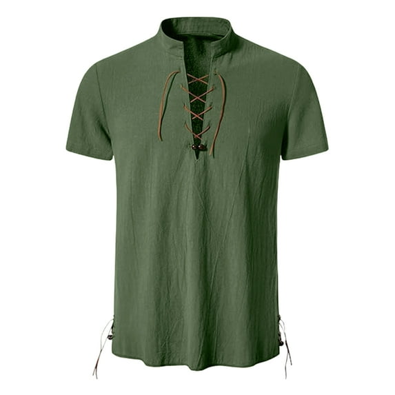 Kaemgyyd Men's Casual Shirt Short Sleeve Tie Front Tops Renaissance Vintage Collar Lace up Clothes for Beach Vaction