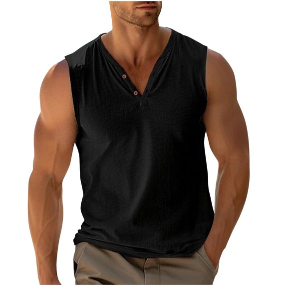 Kaemgyyd Men's Casual Shirts Plus Size Sleeveless Crew Neck Tee Lightweight Button Solid Color Basic Tops