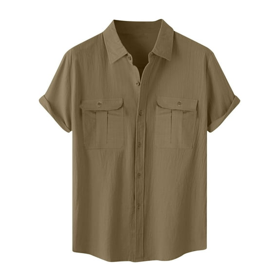 Kaemgyyd Men's Cotton Linen Tops Casual Loose Solid Short Sleeve Shirts Button down Vacation Beach Summer Clothes with Pocket