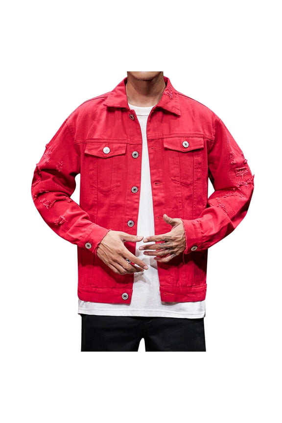 Men's Denim Shirt Jacket Casual Long Sleeve Button down Jean Coat Loose Solid Color Ripped Streetwear with Pockets