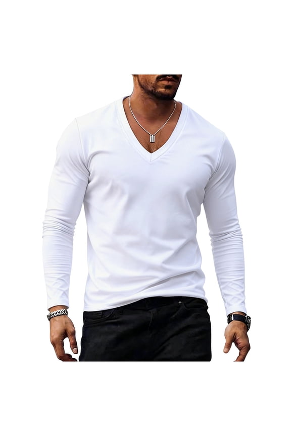 Men's Long Sleeve T-Shirts V Neck Breathable Plain Undershirts Basic Solid Tee Shirts Spring Fall Layer Tops S-2XL
