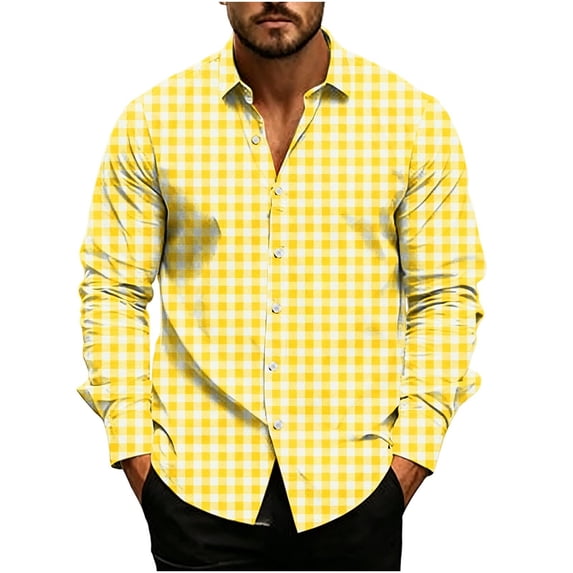 Kaemgyyd Men's Long Sleeve Tops Button down Collar Shirts Casual Plaid Business Shirts Fashion Work Clothes(Yellow,Small)