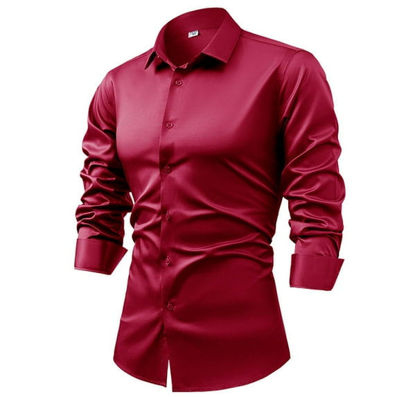 Kaemgyyd Men's Satin Dress Shirt Elegant Silk Long Sleeve Button up Tops Solid Color Wedding Business Work Blouse
