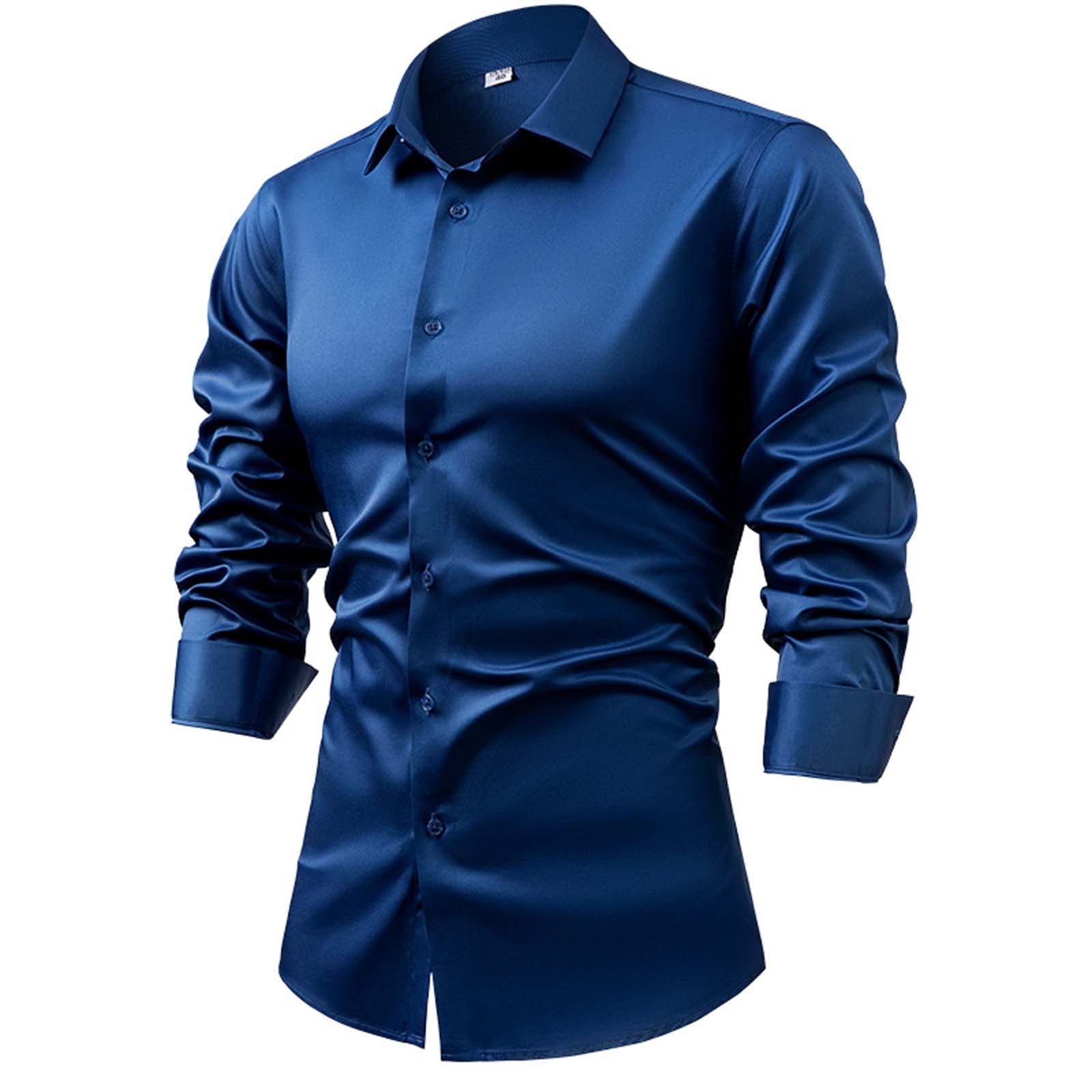 Kaemgyyd Men's Satin Dress Shirt Elegant Silk Long Sleeve Button up Tops  Solid Color Wedding Business Work Blouse