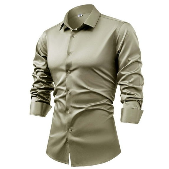 Kaemgyyd Men's Satin Dress Shirt Elegant Silk Long Sleeve Button up Tops Solid Color Wedding Business Work Blouse