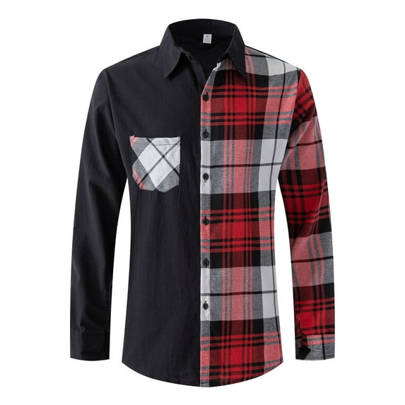 Kaemgyyd Men's Shirts Fashion Patchwork Long Sleeve Tops Trendy Comfy Plaid Button down Casual Clothes with Pockets