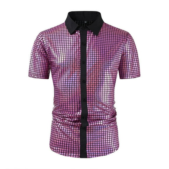 Kaemgyyd Mens 70s Shirt Vintage Sequin Short Sleeve Button down Dance Outfits Glitter Sparkly Plaid Party Clubwear Tops