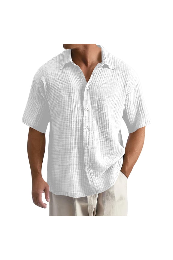 Mens Button down Shirt Lightweight Summer Beach Vacation Tops Casual Loose Textured Solid Color Half Sleeve Tee