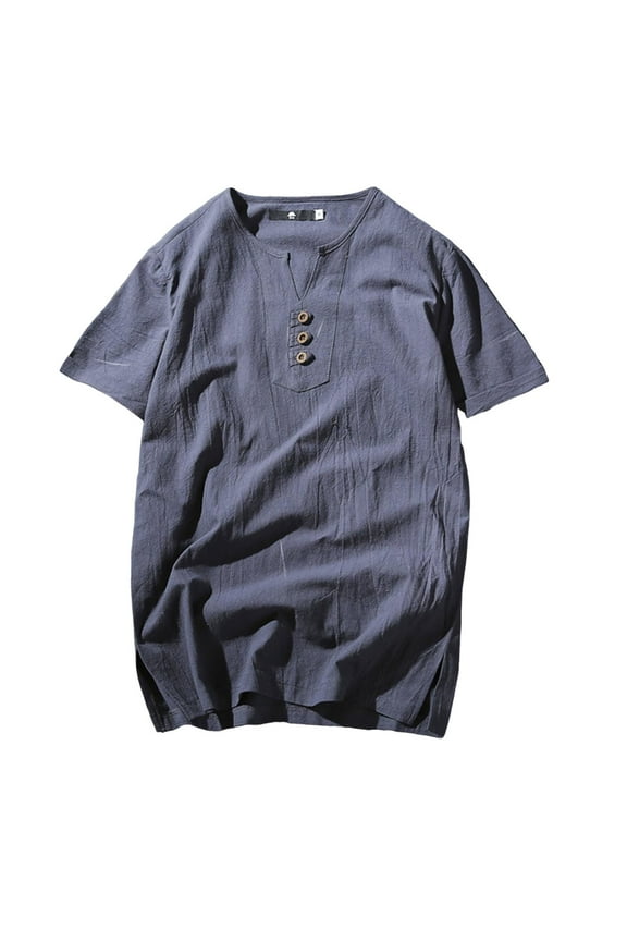 Mens Cotton Linen Henley Shirts Casual Short Sleeve Summer Beach Top Lightweight Button T-Shirt for Big and Tall