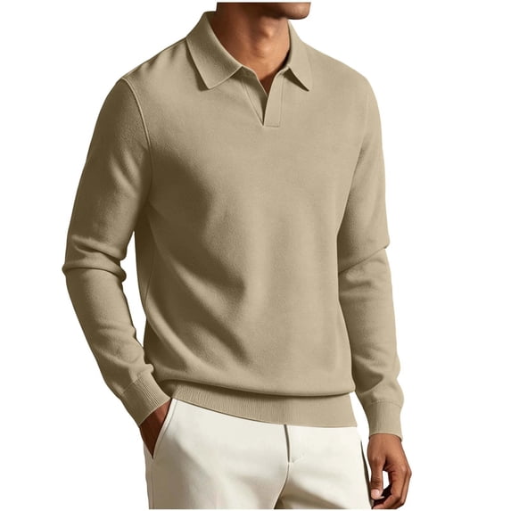 Kaemgyyd Mens Long Sleeve Shirts V Neck Casual Golf Shirt Fall Fashion Collared Pullover Soft Comfy Clothes(Khaki,3X-Large)