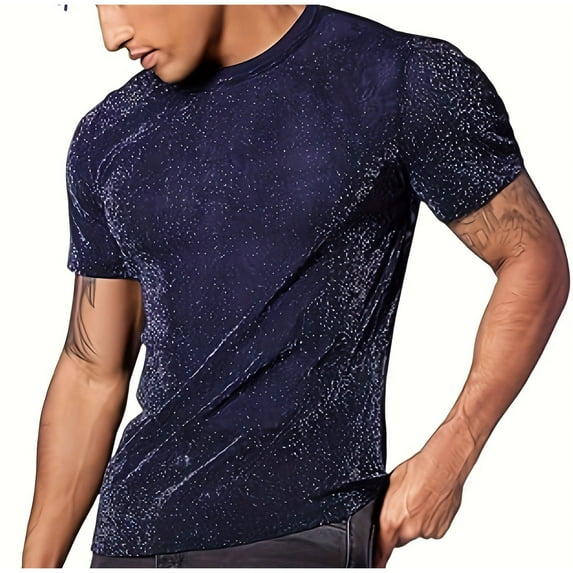 Kaemgyyd Mens Mesh Shirt Sequin Sparkle See Through Short Sleeve Muscle Tee Shirts Trendy Round Neck Party Club Top