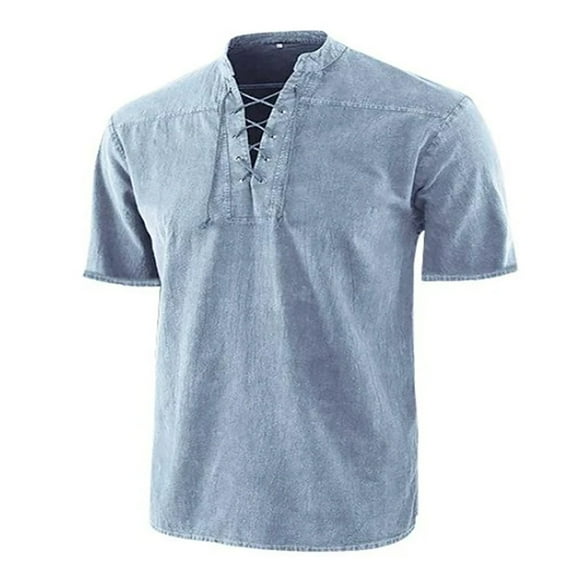 Kaemgyyd Mens Renaissance Shirt Vintage Short Sleeve Top Plus Size Cotton Casual Lace up V Neck Summer Clothes