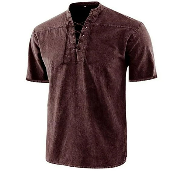 Kaemgyyd Mens Renaissance Shirt Vintage Short Sleeve Top Plus Size Cotton Casual Lace up V Neck Summer Clothes