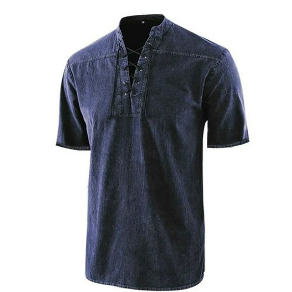 Kaemgyyd Mens Renaissance Shirt Vintage Short Sleeve Top Plus Size Cotton Casual Lace up V Neck Summer Clothes
