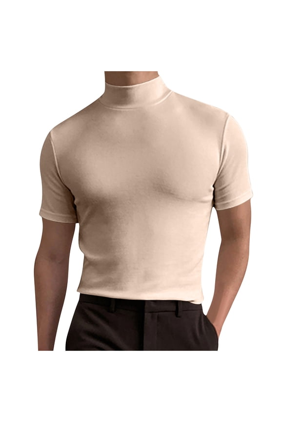 Mens Shirts Summer Fashion Short Sleeve Mock Turtleneck Basic Tee Lightweight Slim Undershirt Pullover Solid Tops
