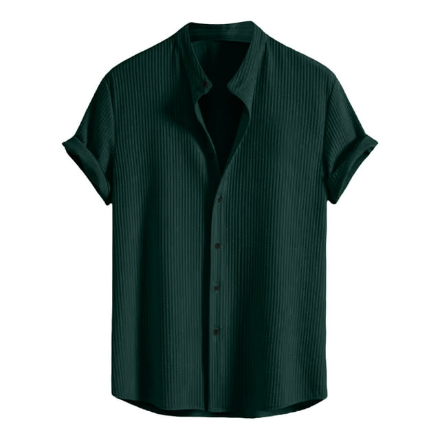 Kaemgyyd Mens Short Sleeve Button up Shirts Solid Color Textured Beach Tops Casual Collar Summer T Shirt