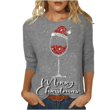 Kaemgyyd Merry Christmas Pajama Tops for Women Casual 3/4 Sleeve Crewneck Print T Shirt 2024 Fall Trendy Clothing
