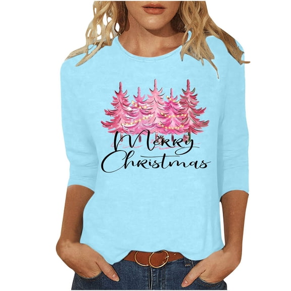 Kaemgyyd Merry Christmas Shirt for Women Trendy Crewneck Print Pajamas Tee Casual Loose Long Sleeve Cute Tops for Women