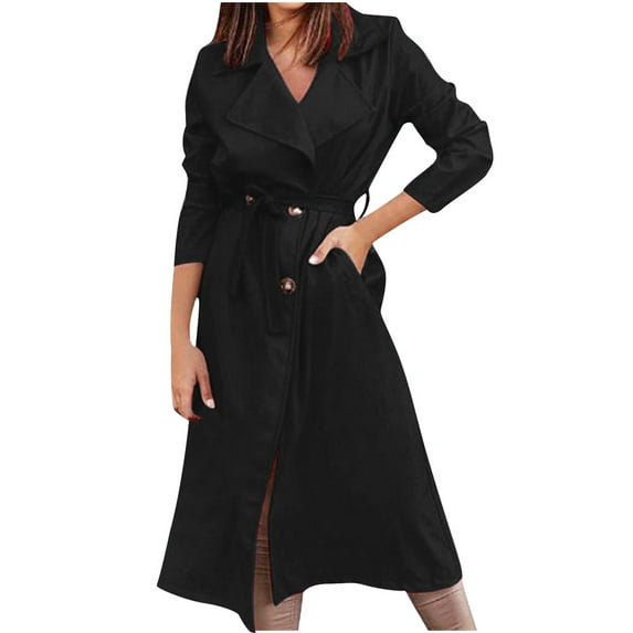 Kaemgyyd Mid-Length Jackets for Women Belted Windbreaker Double Breasted Trench Classic Fall Fashion Overcoat with Pockets