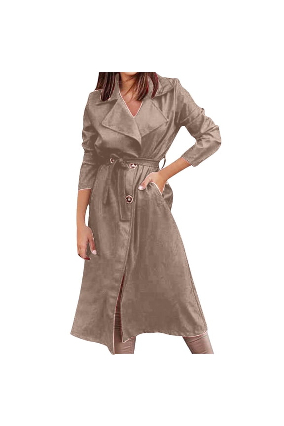 Mid-Length Jackets for Women Belted Windbreaker Double Breasted Trench Classic Fall Fashion Overcoat with Pockets