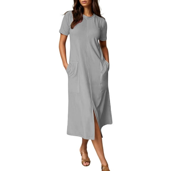 Kaemgyyd Midi Dresses for Women Casual Short Sleeve Crewneck T Shirt Dresses Comfy Loose Front Slit Beach Vacation Dresses
