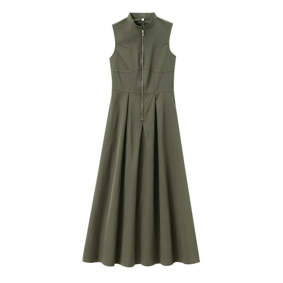 Kaemgyyd Midi Dresses for Women Zipper Front A-Line Work Dresses Casual Flowy Sleeveless Fashion Office Dresses