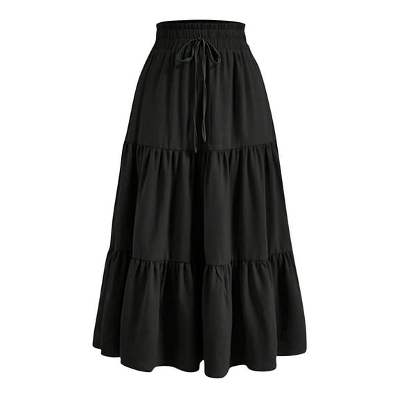 Kaemgyyd Midi Skirts for Women Casual Vintage Tiered A-Line Flowy Long Skirt 1950s Loose Comfy Ruffle Skirt with Drawstring