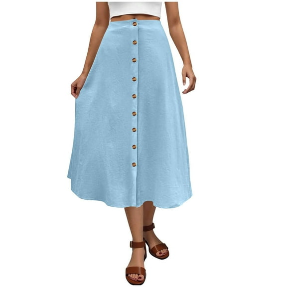 Kaemgyyd Midi Skirts for Women Summer High Waisted Button up A-Line Skirt Casual Solid Color Flowy Long Skirts for Women