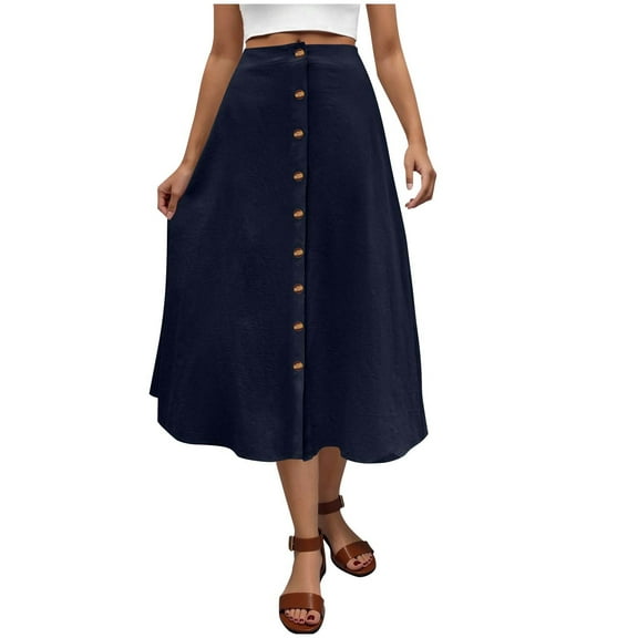 Kaemgyyd Midi Skirts for Women Summer High Waisted Button up A-Line Skirt Casual Solid Color Flowy Long Skirts for Women