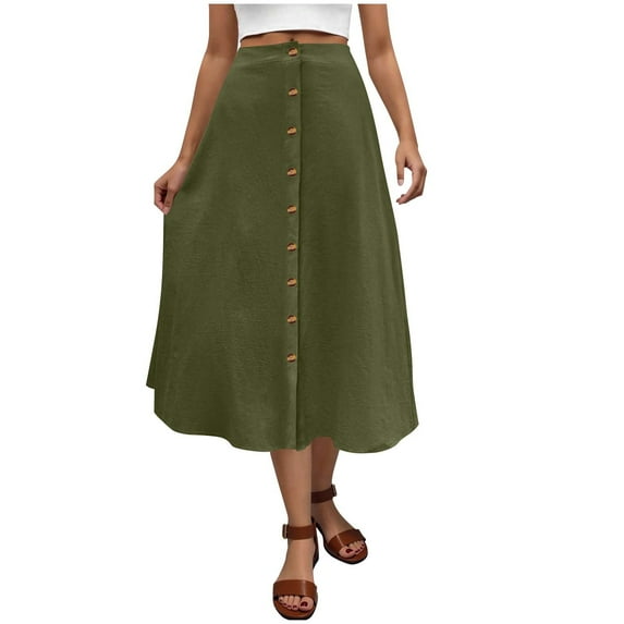 Kaemgyyd Midi Skirts for Women Summer High Waisted Button up A-Line Skirt Casual Solid Color Flowy Long Skirts for Women
