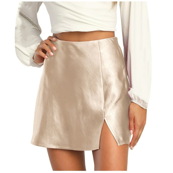 Kaemgyyd Mini Skirts for Women Satin Silk High Waisted Split Slit Hem A-Line Fashion Party Short Skirt