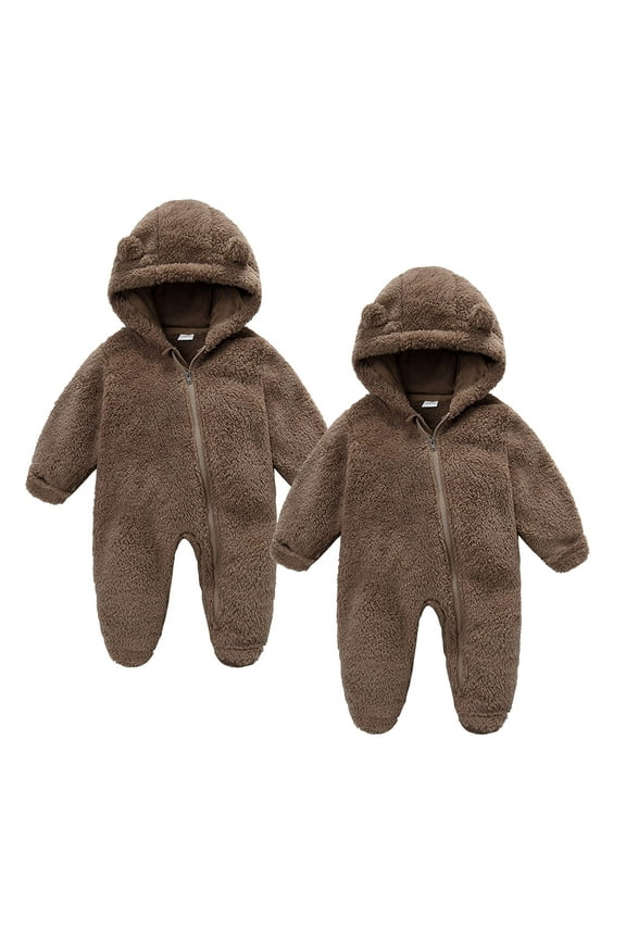 Newborn Baby Fleece Jumpsuit Winter Warm Sherpa Fuzzy Hooded Rompers Cute Long Sleeve Footed Outwear Outfits 2 Pc