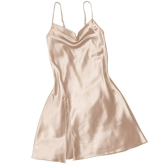 Kaemgyyd Nightgown for Women Soft Silk Satin Sleep Dress Loose Spaghetti Strap Sleeveless Slit Pajama Mini Dress
